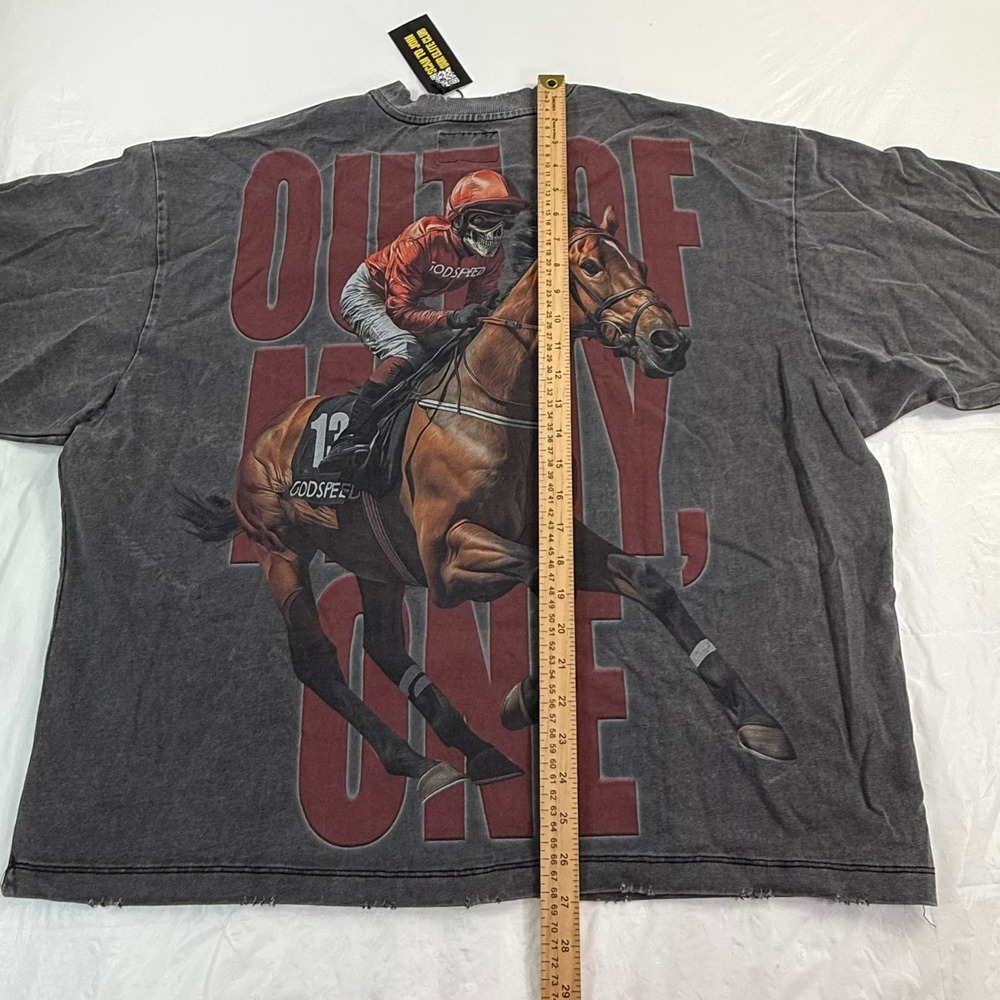 Godspeed Skeleton Horse Racing Graphic T-Shirt Charcoal Grey Mineral Wash New - Picture 4 of 14
